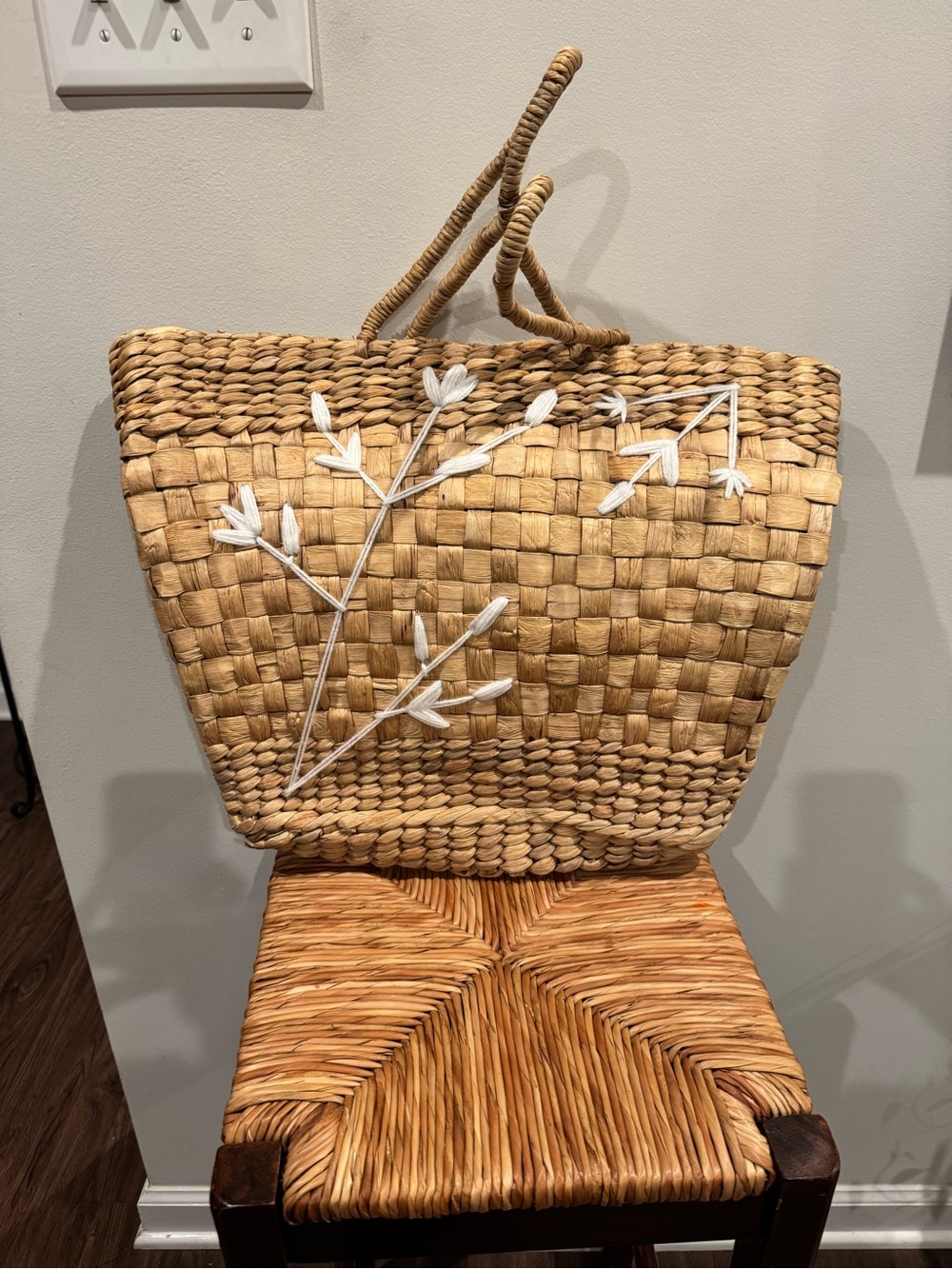 Woven Straw Tote with White Embroidered Branch 21x15